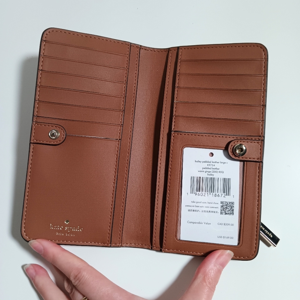 Kate Spade Bailey Large Pebble Leather Slim Bifold Wallet Warm Gingerbread K9754 - Picture 5 of 6